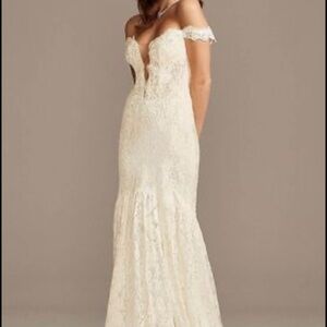 David's Bridal Cream Off-Shoulder Gown with Cap Sleeves